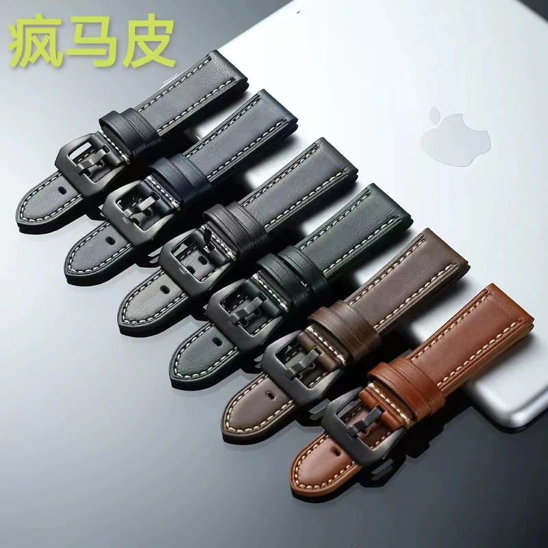 疯马皮胖大海真皮表带男代用沛纳海panerai复古粗矿牛皮表链配件