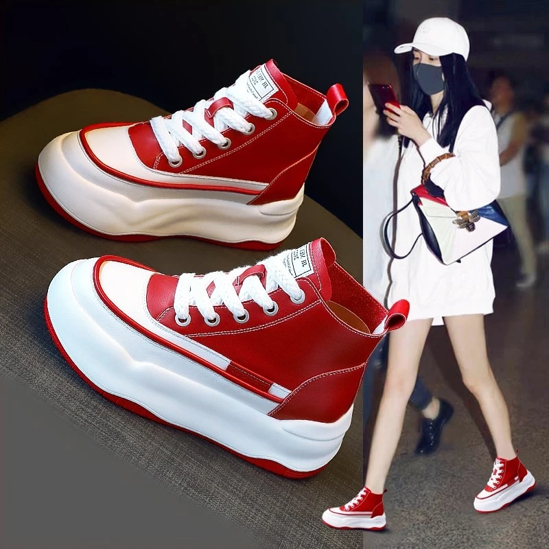 真皮小白鞋女2025秋冬新款厚底小个子内增高单鞋百搭高帮休闲短靴