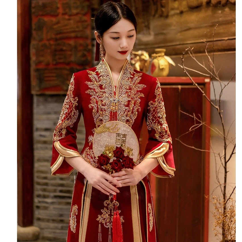 丝绒面料秀禾服新娘2022年新款结婚中式礼服复古嫁衣女婚纱禾秀