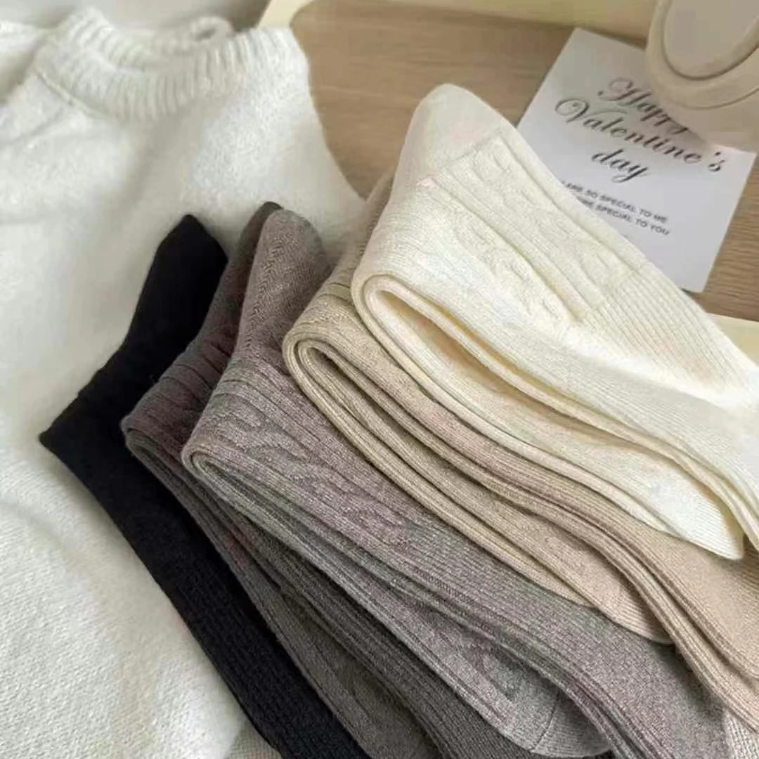 羊绒保暖中筒袜女秋冬麻花纹堆堆袜简约百搭