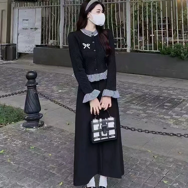 四月家~大码秋冬新款钉珠长袖开衫+高腰长款半身裙两件套2056