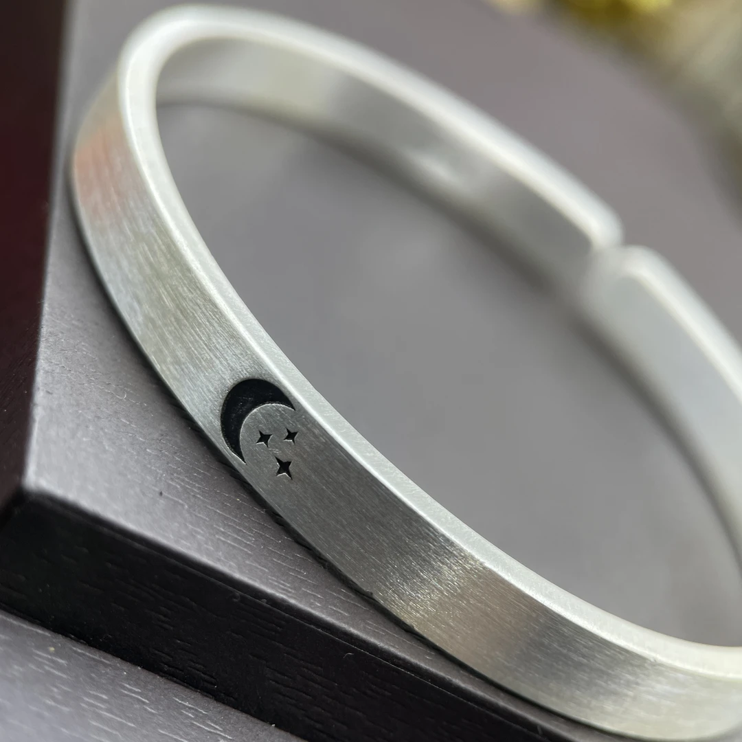 足银手镯 53号足银999.9复古拉丝月亮简约实心送女友礼物约29克