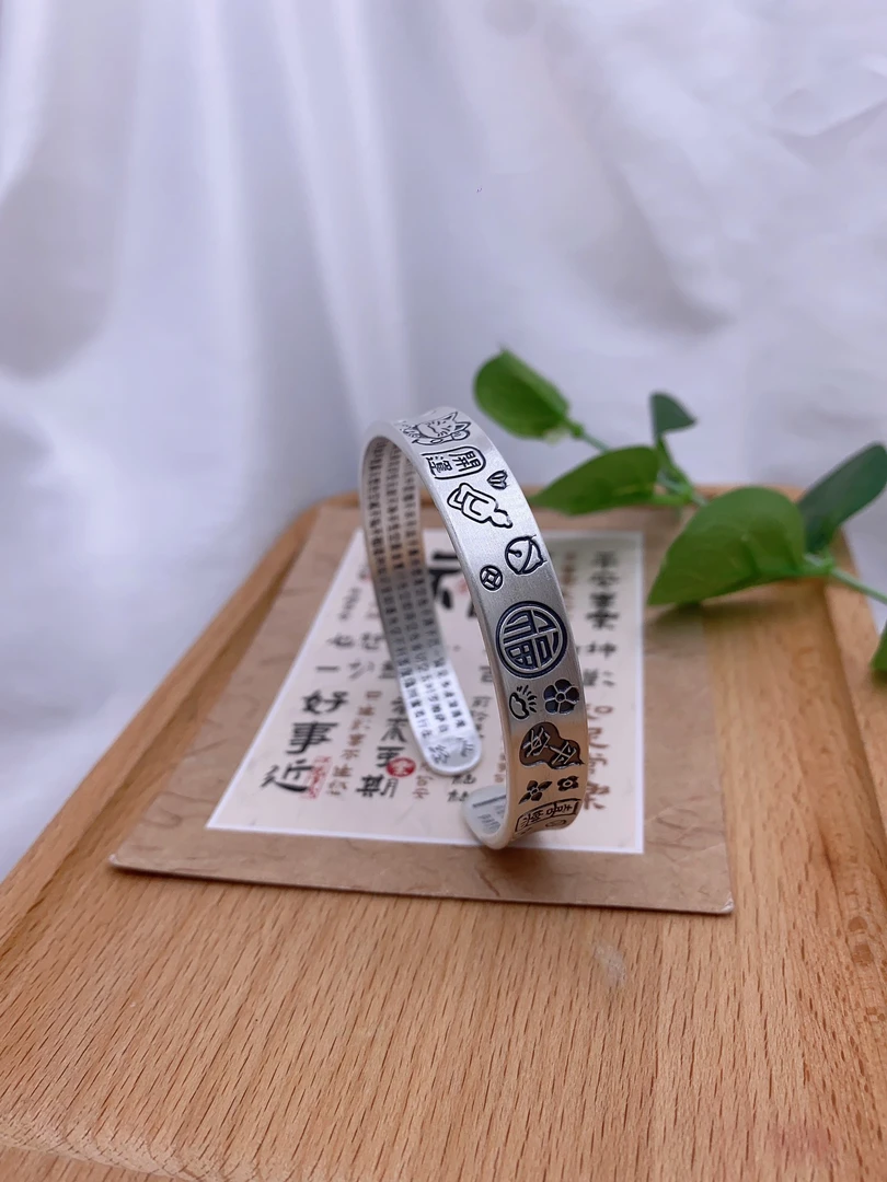 足银手镯 125号足银999.9凹面招财猫实心开口可调节纯手工复古