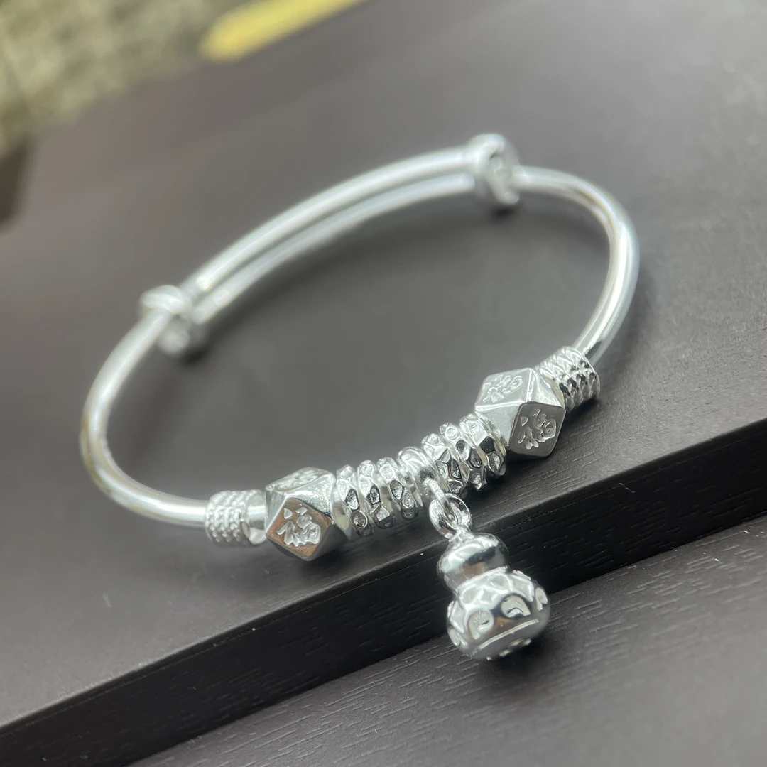 足银手镯 58号经典光面福葫芦纯银手镯实心可调节送礼物约14g