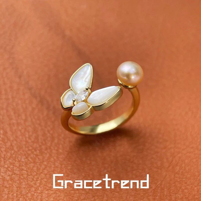 Grace trend天然淡水珍珠轻奢蝴蝶戒指金色戒指活口指环礼物D-142