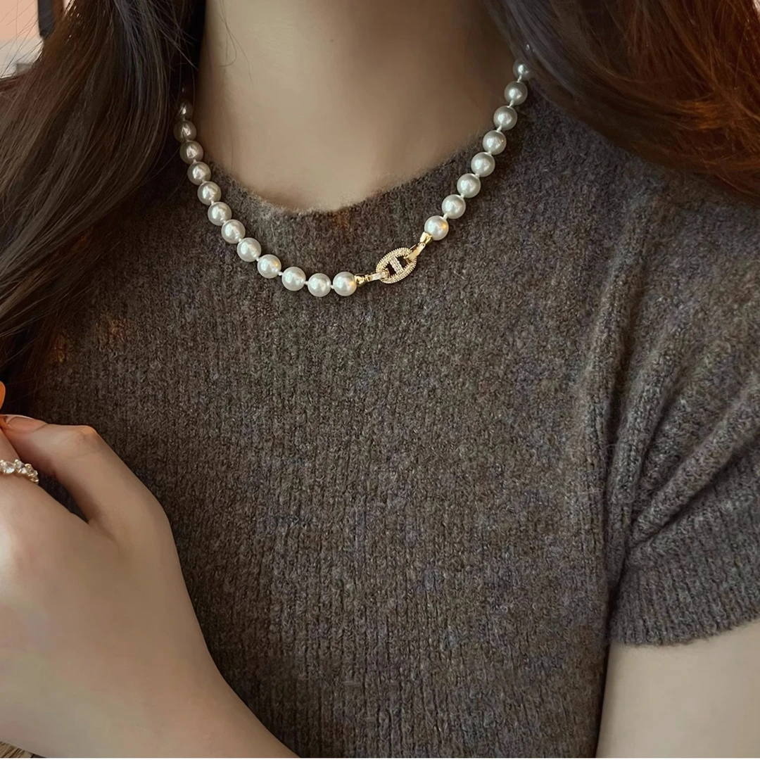 铜合金项链 8mm轻奢时尚满钻猪鼻项链女气质高级感毛衣链ins网红