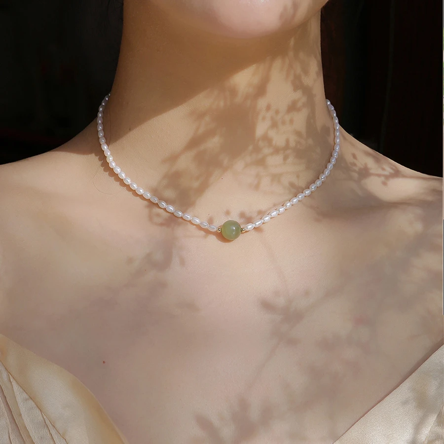 天然小米珠和田玉珍珠项链女时尚新中式气质复古高级感锁骨链百搭