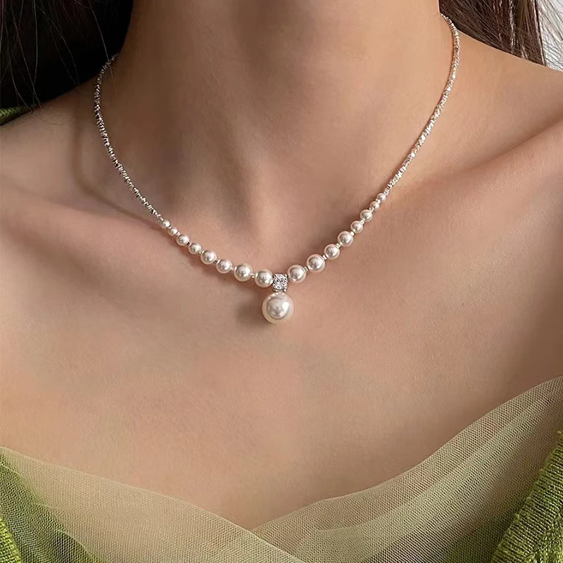 链子925银仿珍珠 轻奢时尚项链法式高级感碎银珠珠锁骨链复古时尚