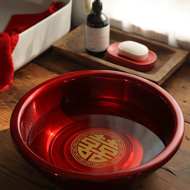 结婚脸盆红盆女方陪嫁洗漱用品红色结婚喜盆娘家陪嫁套装聚宝盆