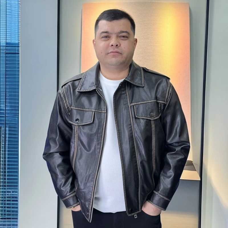秋季新款宽松翻领外套美式休闲百搭水洗皮衣潮男青年通勤上衣