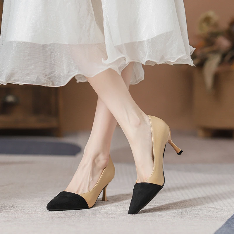 小香风拼色浅口高跟鞋新款百搭气质尖头女鞋透气软底细跟裸色单鞋