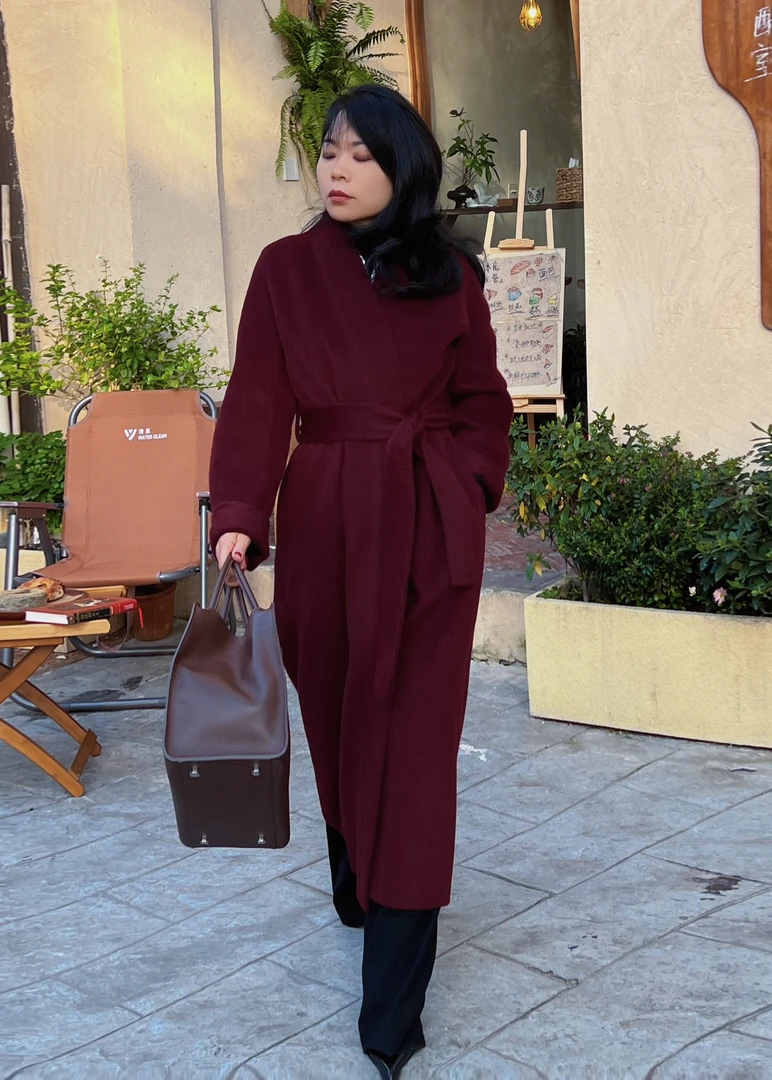 DODO【100骆驼绒】气质腰带长款毛呢大衣女士网红中长款双面呢外套