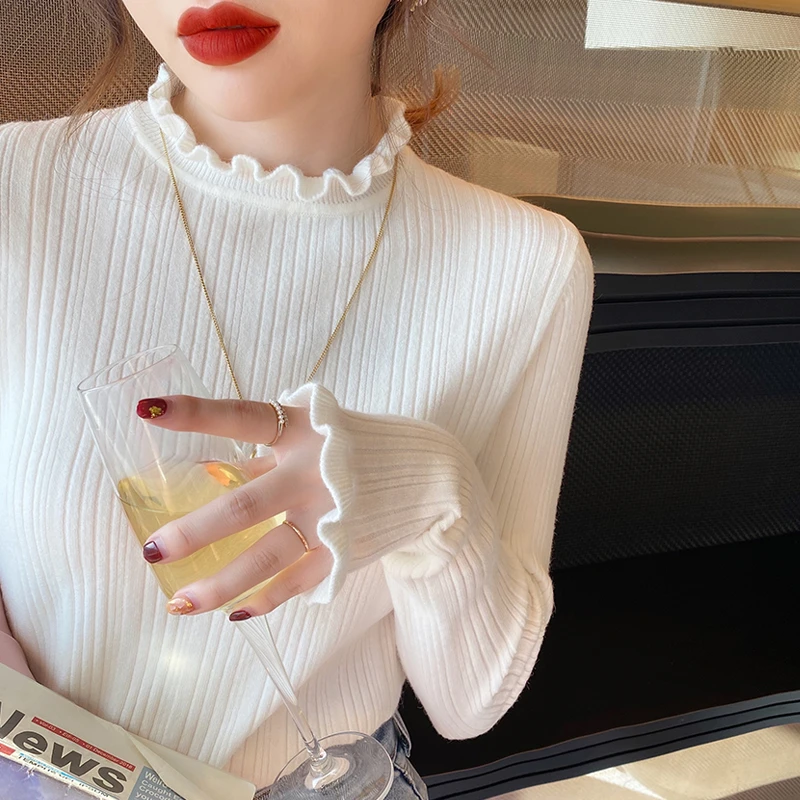 木耳边打底衫女早秋2023新款设计感小众内搭中领毛衣针织衫上衣