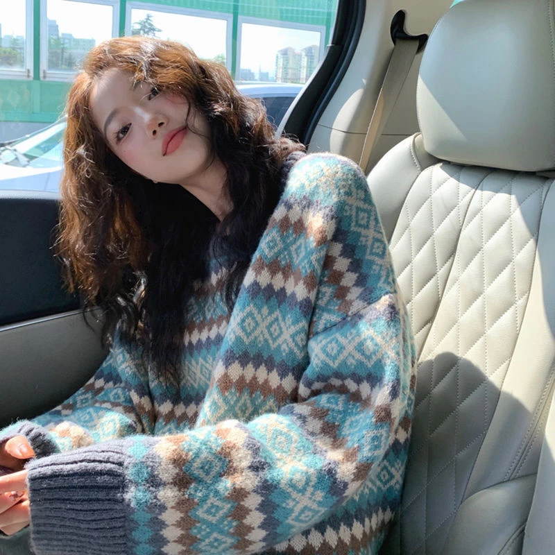 慵懒风毛衣女秋冬装2023新款宽松显瘦菱格针织衫加厚保暖外穿上衣