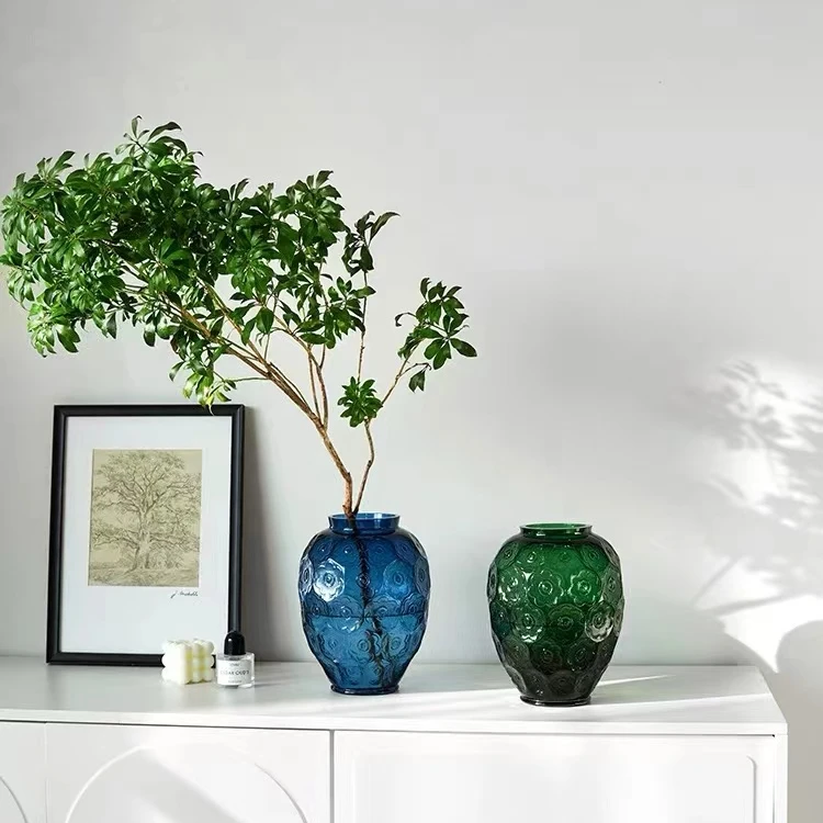 百合法式浮雕艺术水晶玻璃客厅插花摆件装饰欧式高级感银莲花瓶