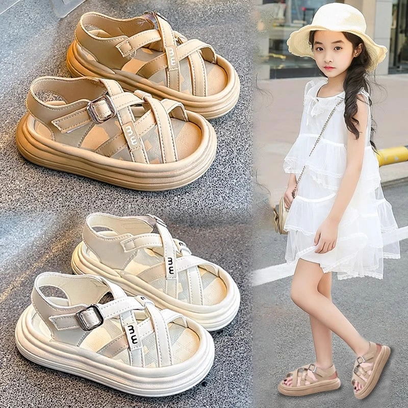 ABC女童罗马凉鞋夏季2024新款儿童公主鞋女孩包头时尚沙滩鞋凉拖