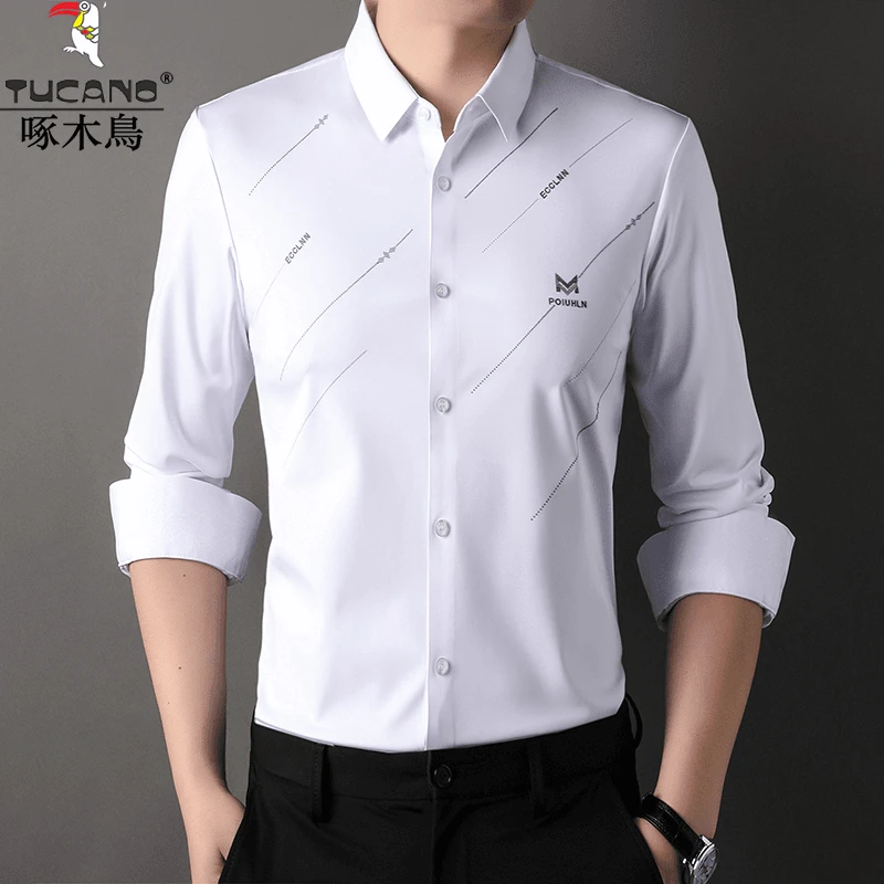 啄木鸟高端商务男士衬衣无痕印花春秋季薄款长袖衬衫男免烫抗皱潮
