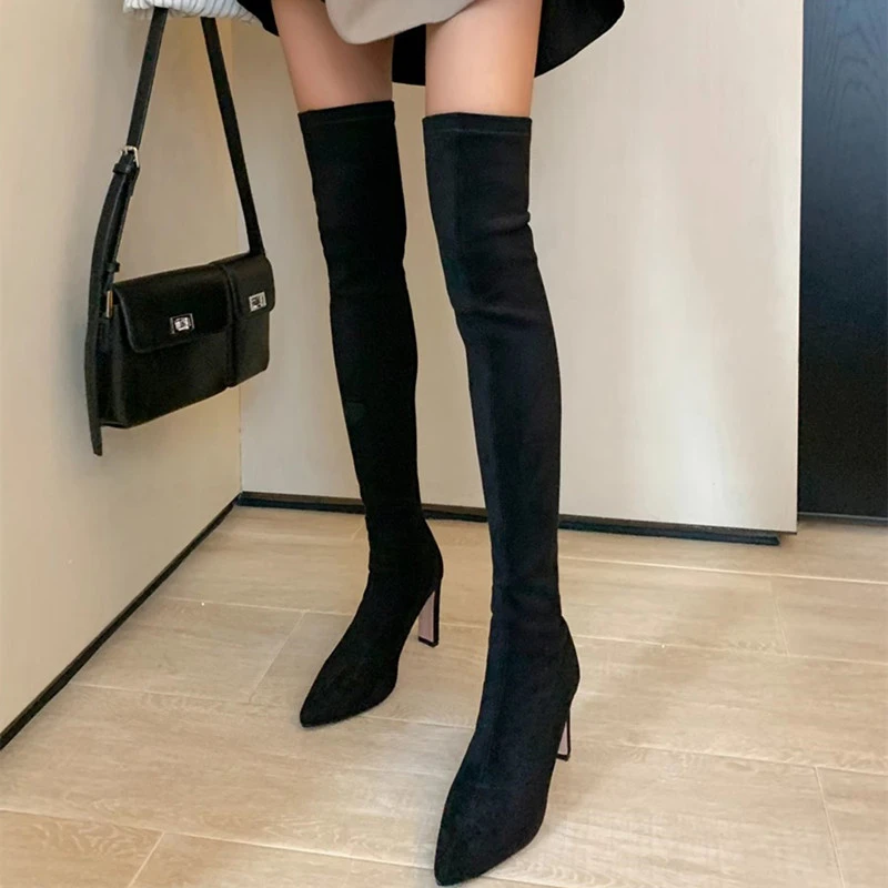 过膝长靴女2023年新款秋冬季高筒靴子弹力细跟高跟鞋尖头长筒靴子