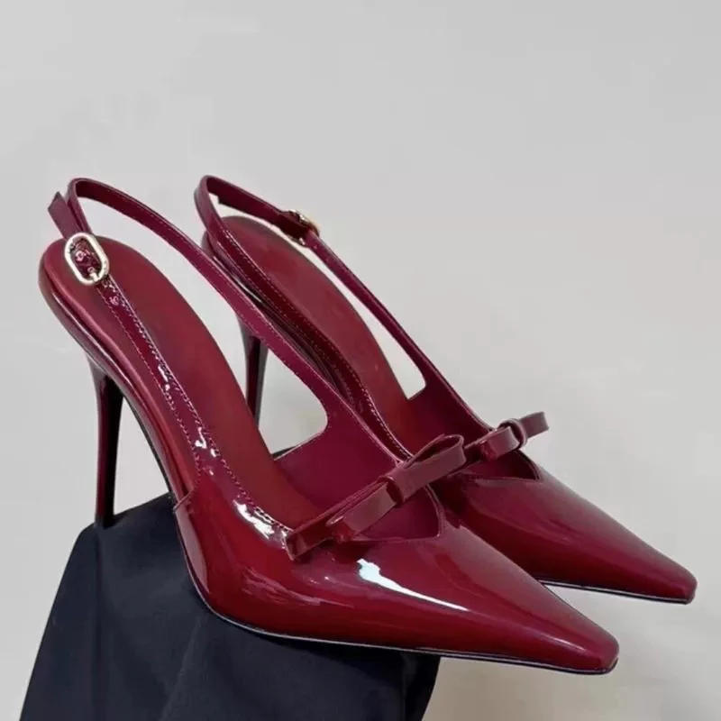 高定绝美高跟蝴蝶结凉鞋2024春季新款方头亮面细跟时髦后绊带女鞋