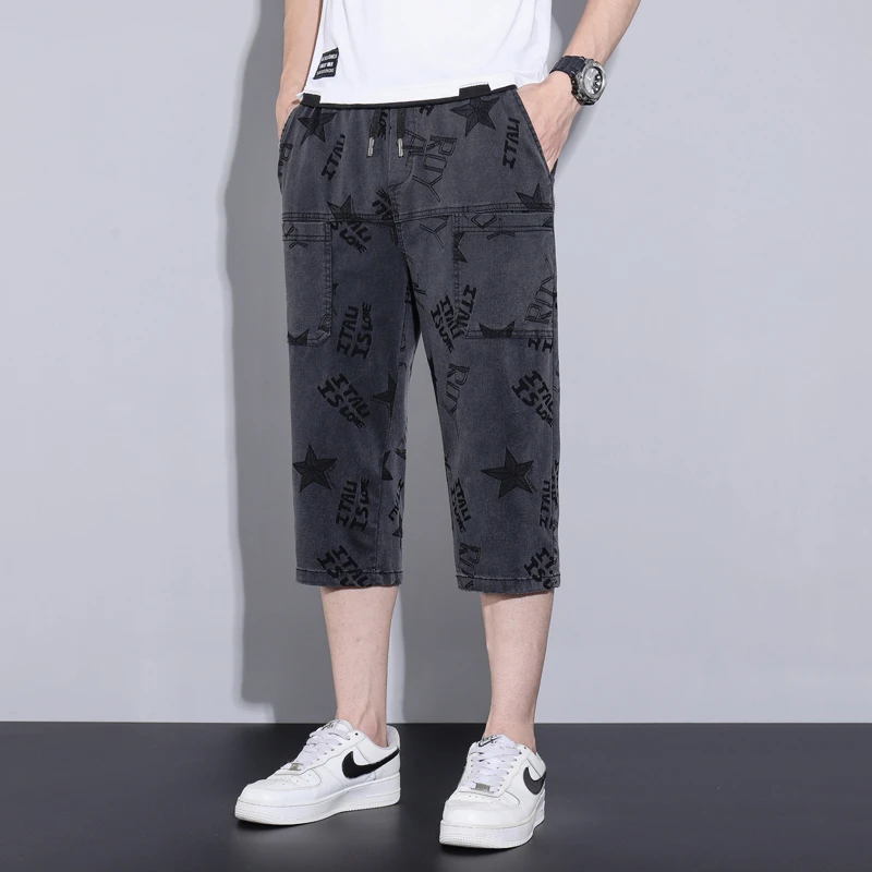 夏季薄款六口袋牛仔提花高弹7分裤潮流时尚直筒中裤男印花休闲裤