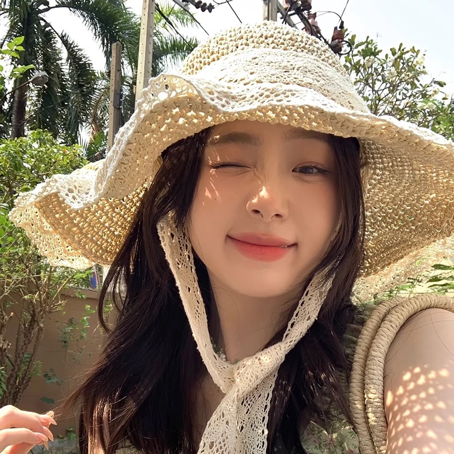 海边度假草帽女夏天草编渔夫帽蕾丝出游大帽檐太阳帽遮阳防晒帽子