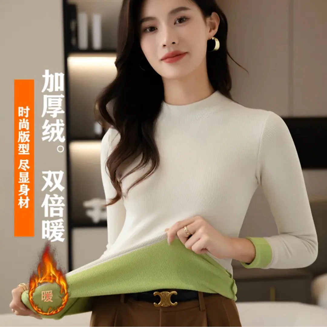 【加绒加厚】半高领打底衫女冬季外穿百搭保暖厚绒内搭修身长袖 cyj