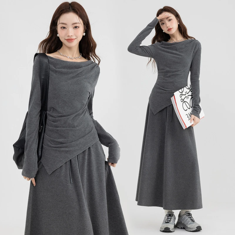 【纯欲风/两件套】秋季新款高腰女休闲上衣不规则长袖一字肩半身裙