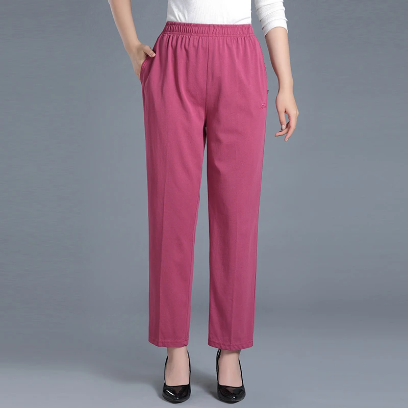 夏季中老年女纯棉休闲裤宽松大码薄款妈妈松紧高腰九分裤女裤纯棉
