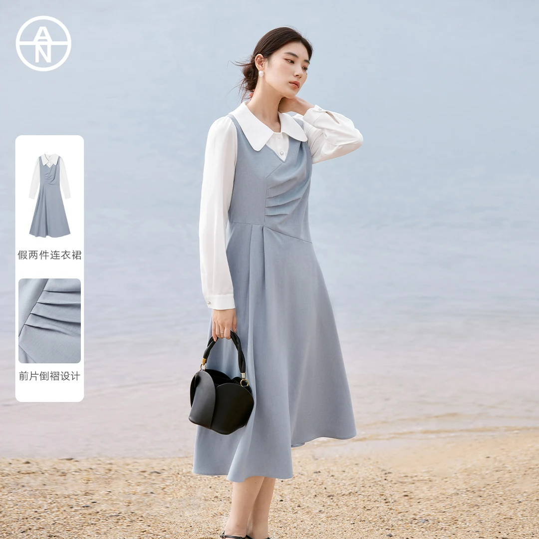 AN大码女装轻法式假两件长袖连衣裙春季胖mm自在无束缚感显瘦裙子