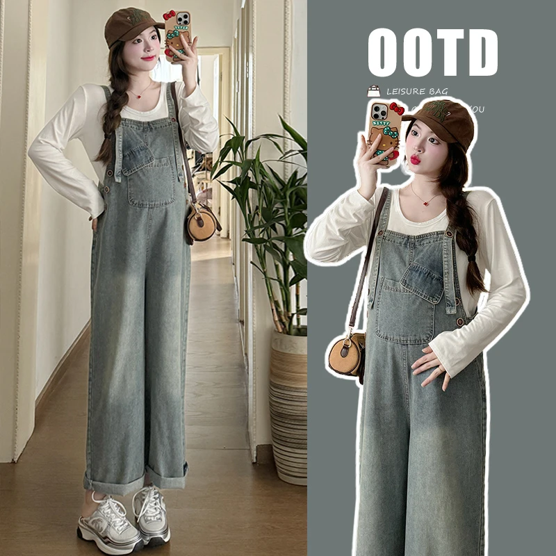 新款秋冬孕妇装韩版休闲牛仔背带裤+棉T套装636110