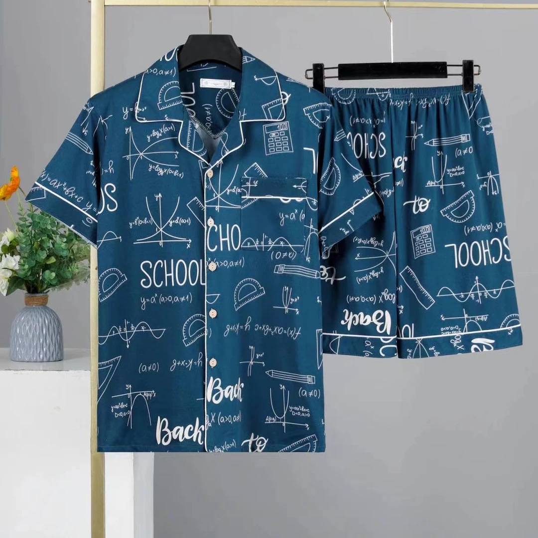 睡衣男夏天薄款冰丝开衫家居服简约宽松翻领睡衣短袖短裤套装