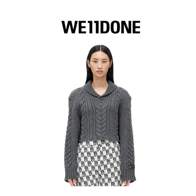 【秋季甄选】WE11DONE女经典青果领扭绳花纹长袖短毛衣22-642
