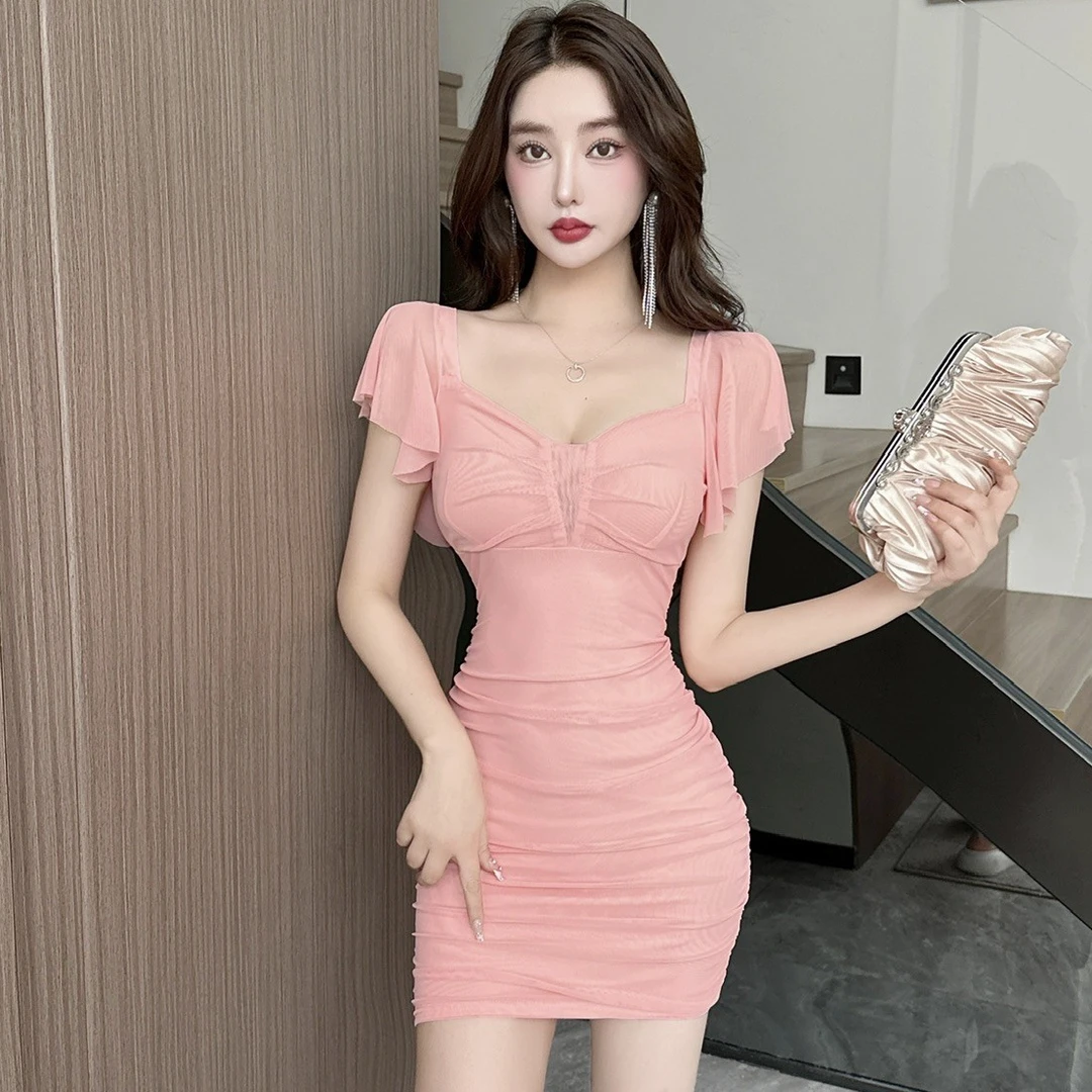 纯欲辣妹网纱飞飞袖低胸打底吊带修身包臀裙夏季显瘦名媛连衣裙女