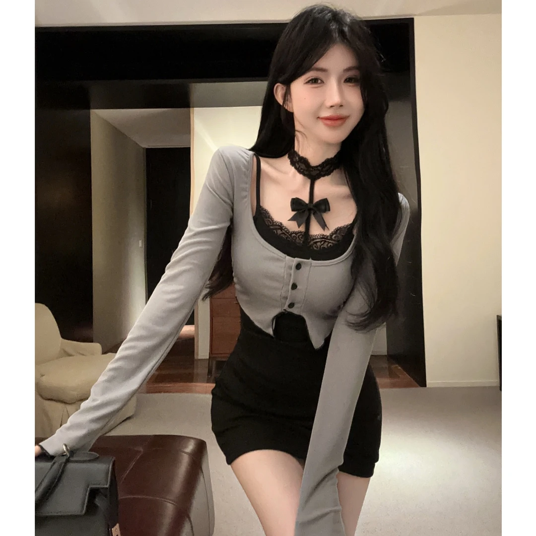 纯欲风设计感辣妹原创假两件长袖镂空蝴蝶结时尚修身包臀连衣裙女