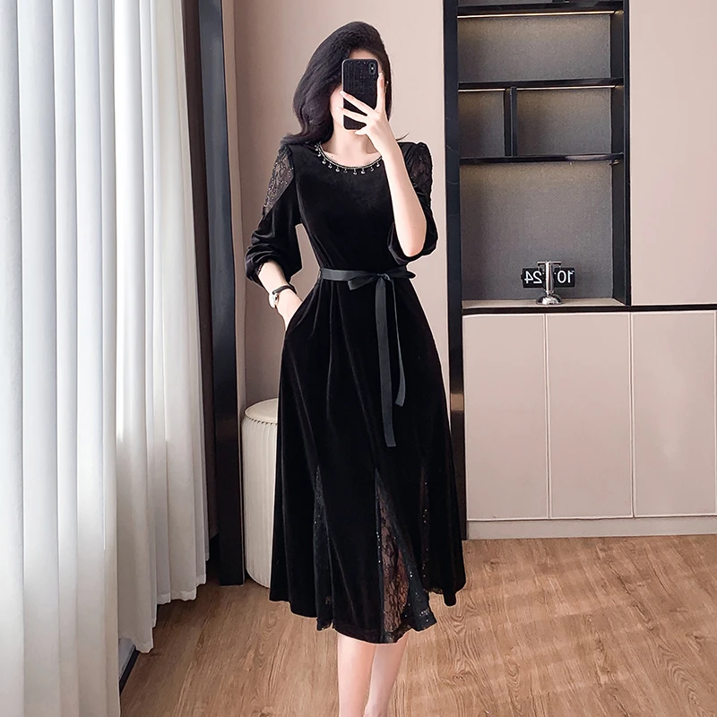 金喜高档软平绒时尚女装连衣裙2024秋季新款显瘦轻奢洋气礼服裙子