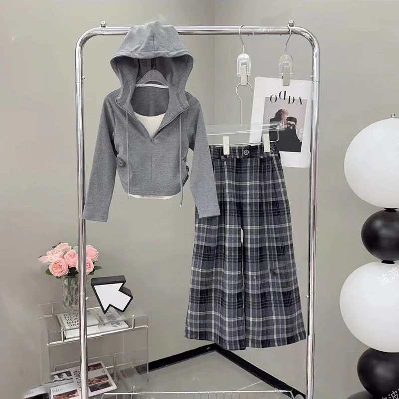 女童秋季套装2024新款韩版中大童假两件休闲格子直筒裤两件套洋气