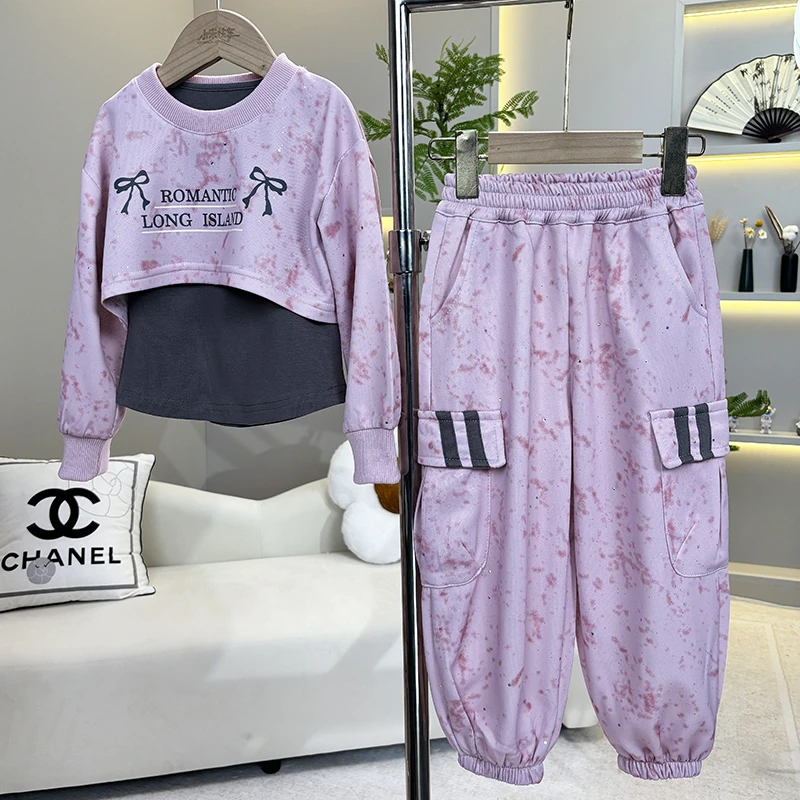 女童2024秋季新款套装韩版洋气扎染洋气工艺套头卫衣工装裤三件套