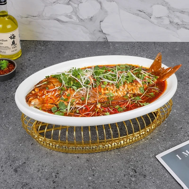 酒店餐厅创意旦形陶瓷鱼盘特色私房菜加热保温餐具商用大号蒸鱼盘