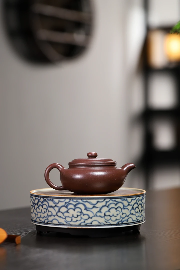 宜兴紫砂壶古扁腹壶200CC紫泥茶壶 老紫泥 （精品）