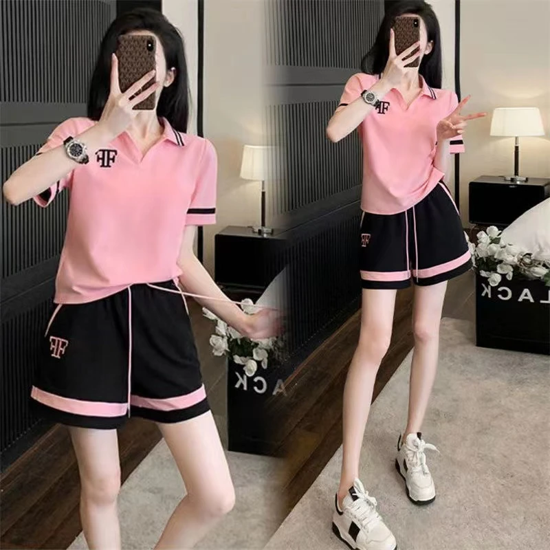 夏季女士翻领t恤短裤短袖宽松休闲运动服套装女时髦时尚薄款减龄