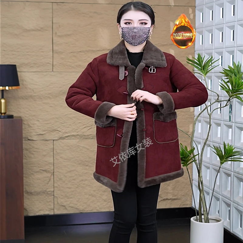加绒加厚中长款大衣2023冬季新款中老年妈妈装皮毛一体保暖外套