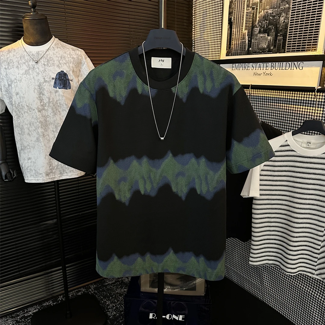 夏季男士原创个性圆领简约轻奢简约双色撞色百搭透气T恤半袖上衣