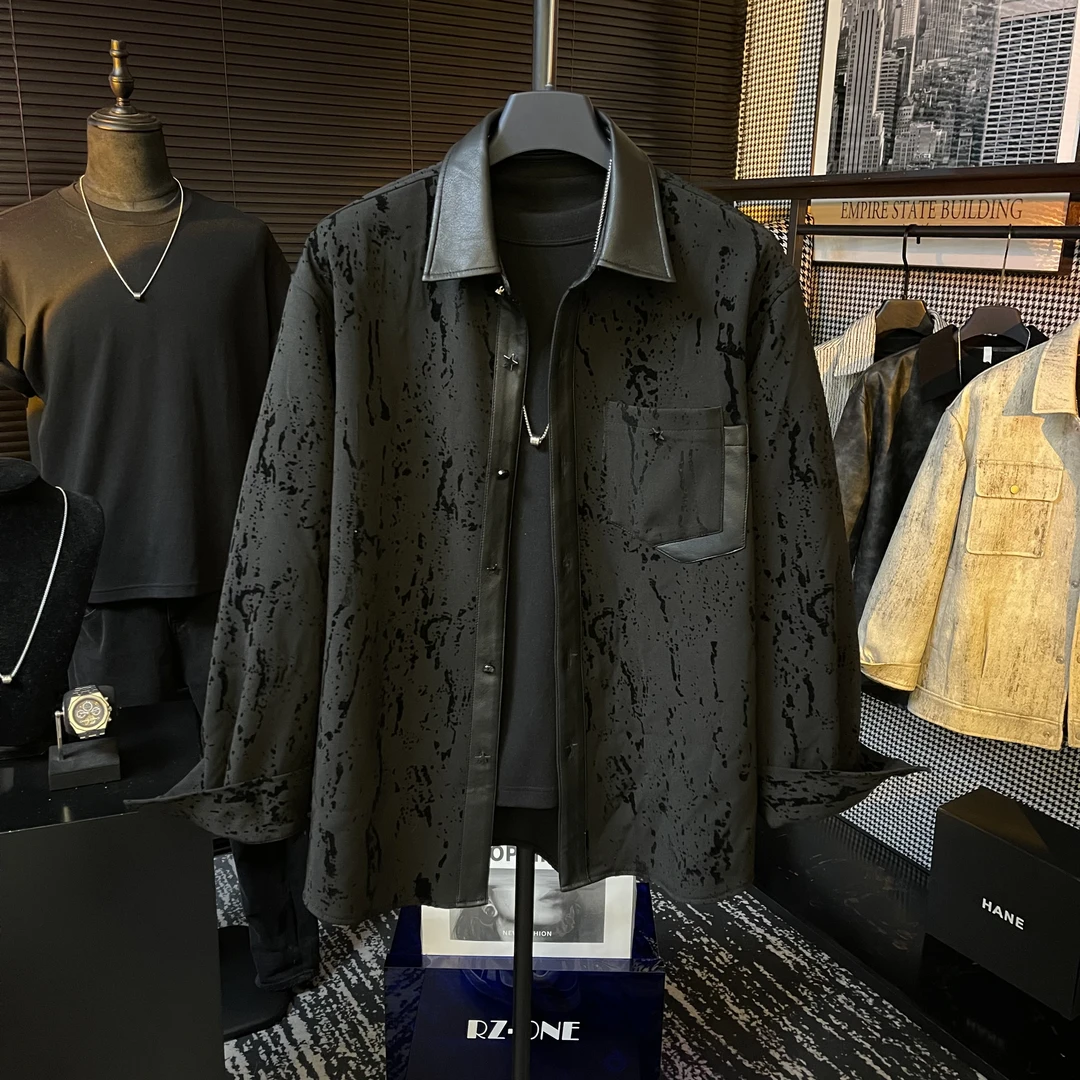 秋冬原创设计定制纽扣植绒豹纹潮流拼接皮翻领高级感外套男士