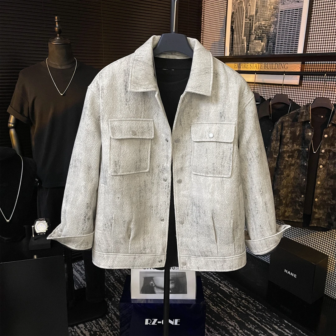 冬季男士高定原创设计感翻领夹克扎染夹棉休闲毛昵外套