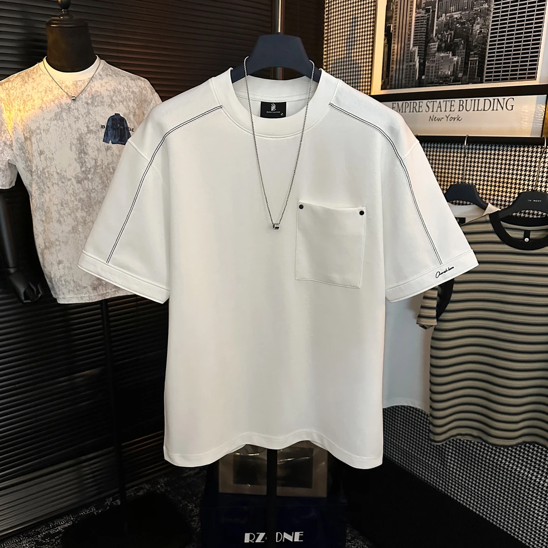 夏季男士原创个性圆领简约轻奢口袋设计百搭高级透气T恤半袖上衣