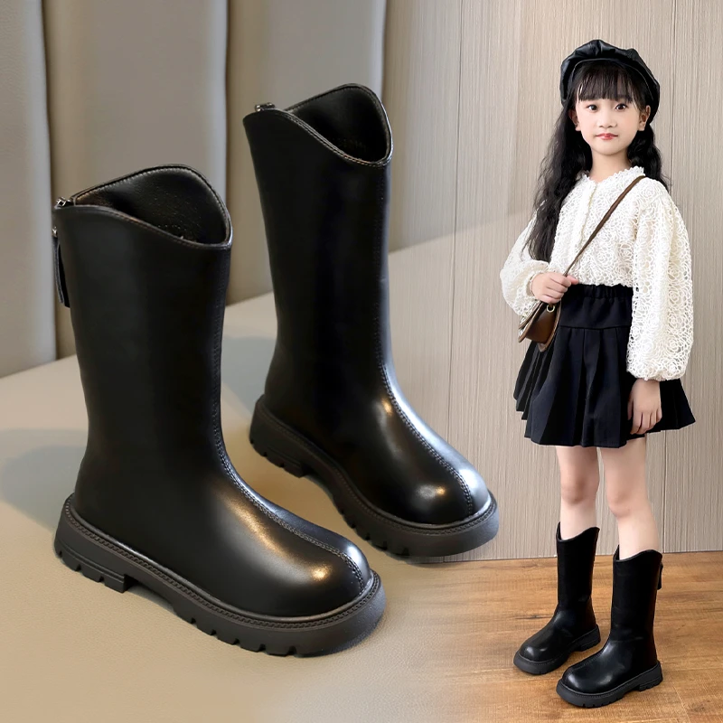 秋冬女童靴子加绒二棉鞋儿童长靴子新款小女孩洋派长筒靴公主皮靴