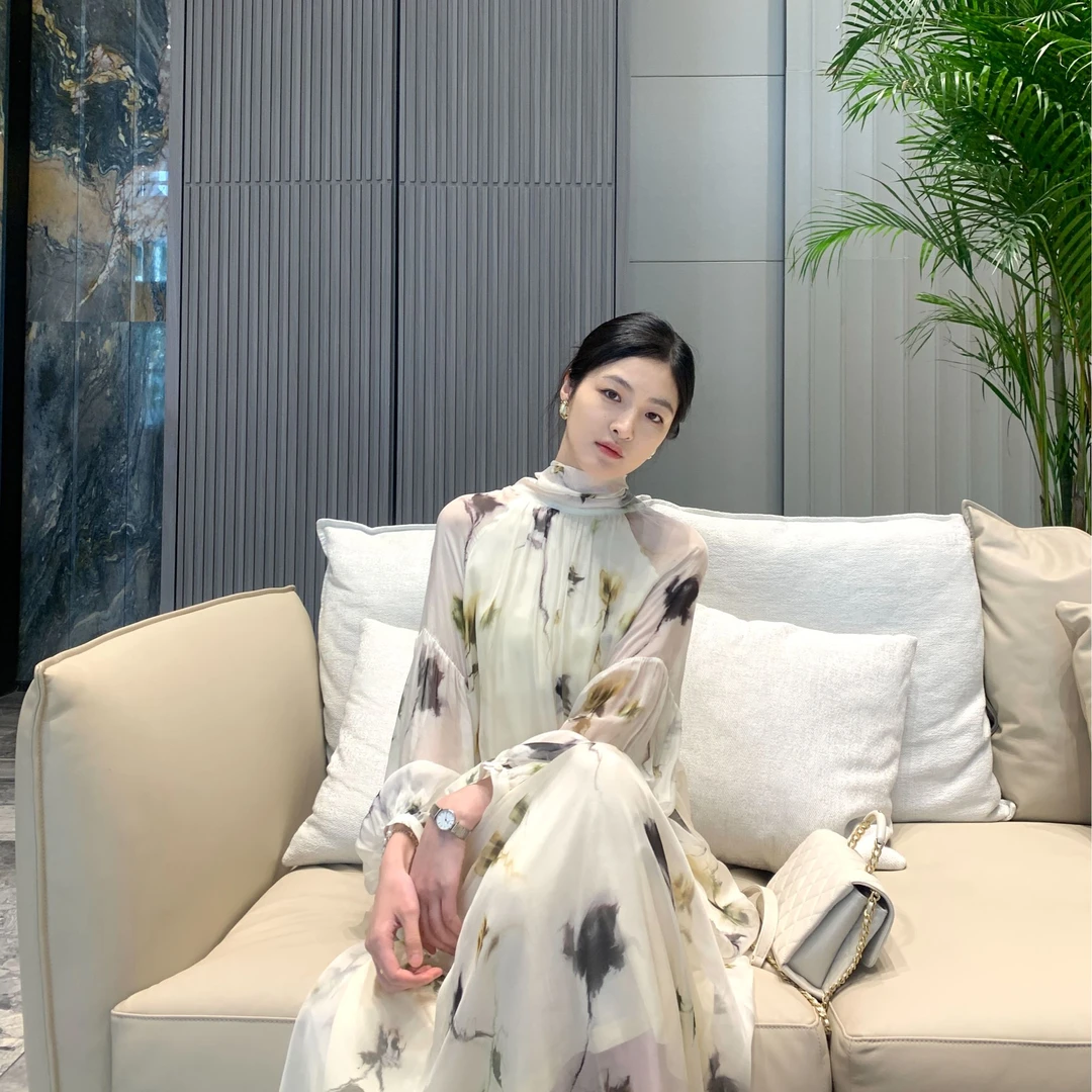 米白印花长款连衣裙中式气质百搭夏季