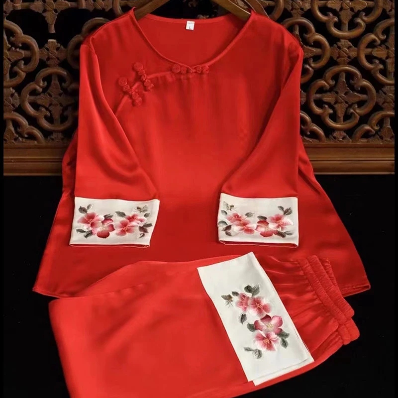 正宗高端垂坠丝滑苏绣睡衣气质时尚宽松女士中国风斜襟民国风百搭