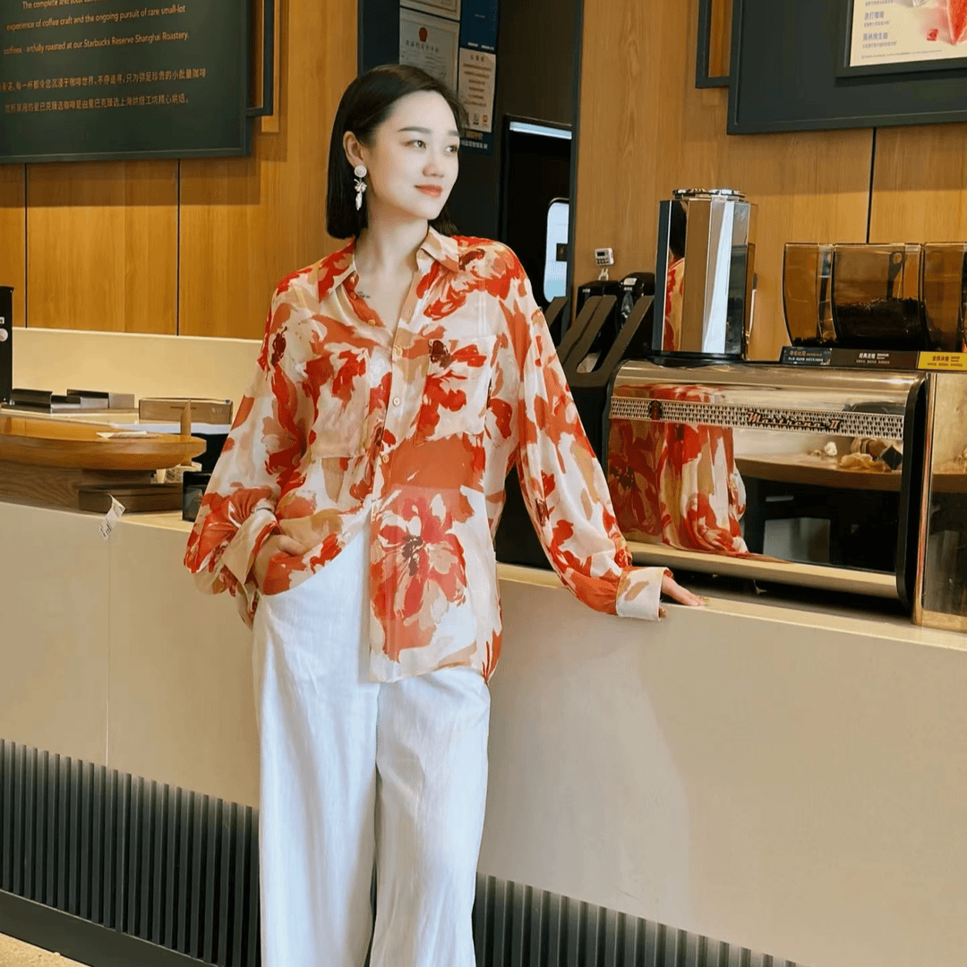 AMASS/阿玛施桑蚕丝枫叶橘印花垂坠感宽松双口袋衬衫5301019