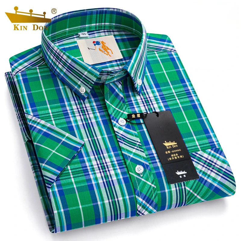 KIN DON男纯棉高级免烫衬衫短袖格子加肥加大码正品商务休闲衬衣